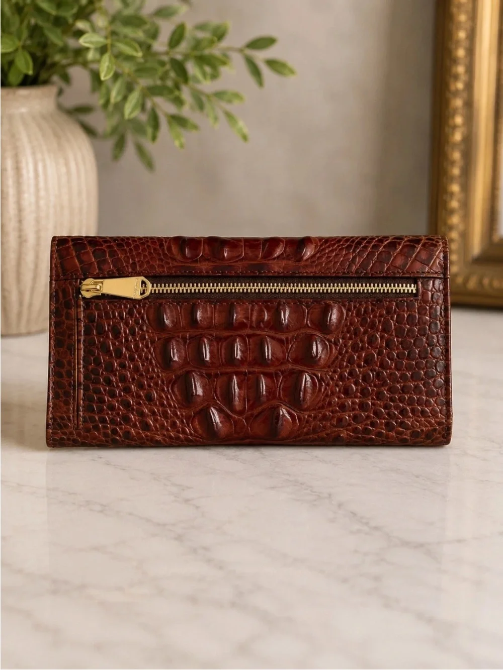 Brahmin Cognac Croc Embossed Leather Checkbook Wallet NWOT
